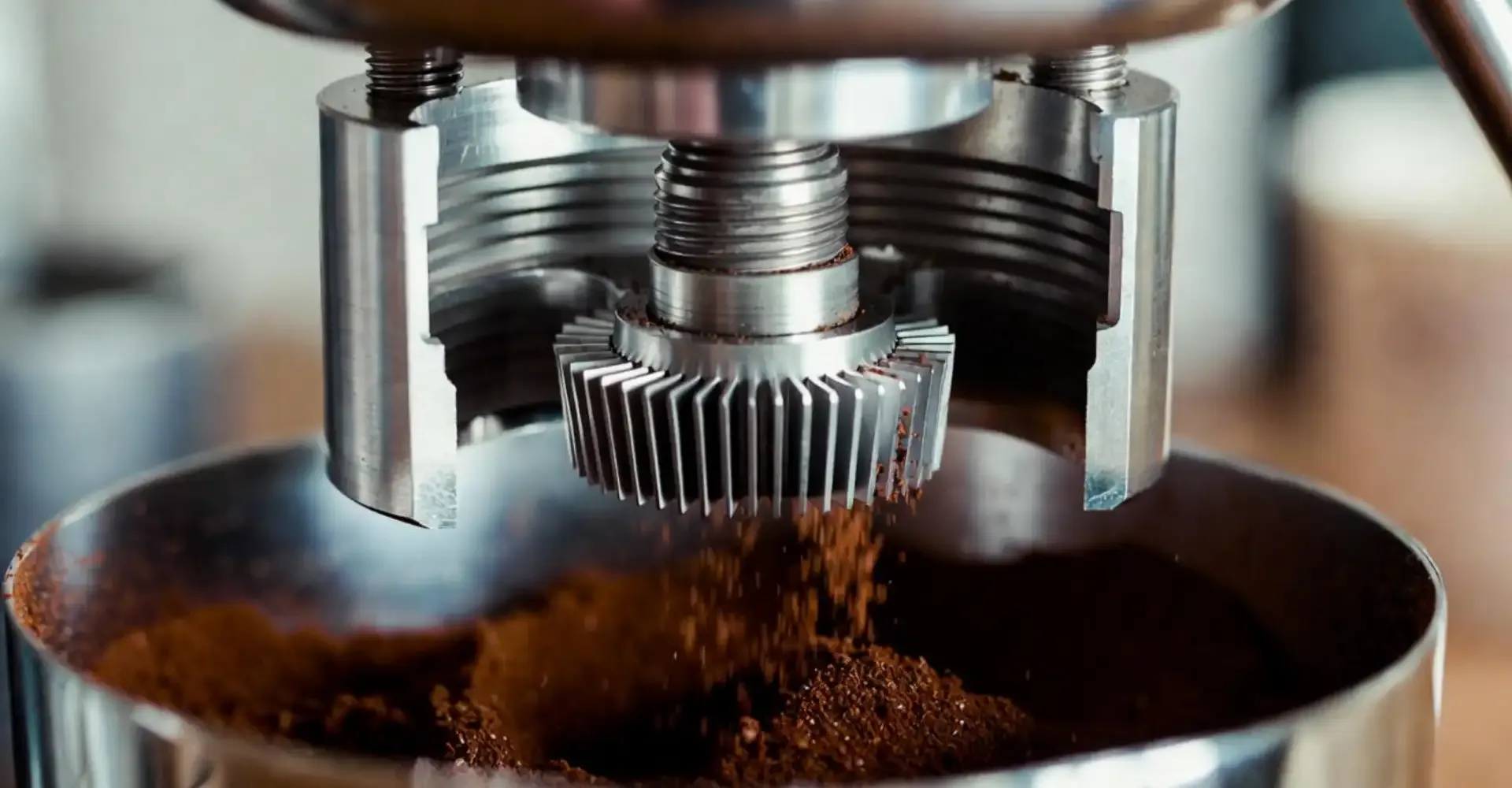 Close-up of a conical stainless steel burr set, illustrating the mechanism for consistent coffee grinding