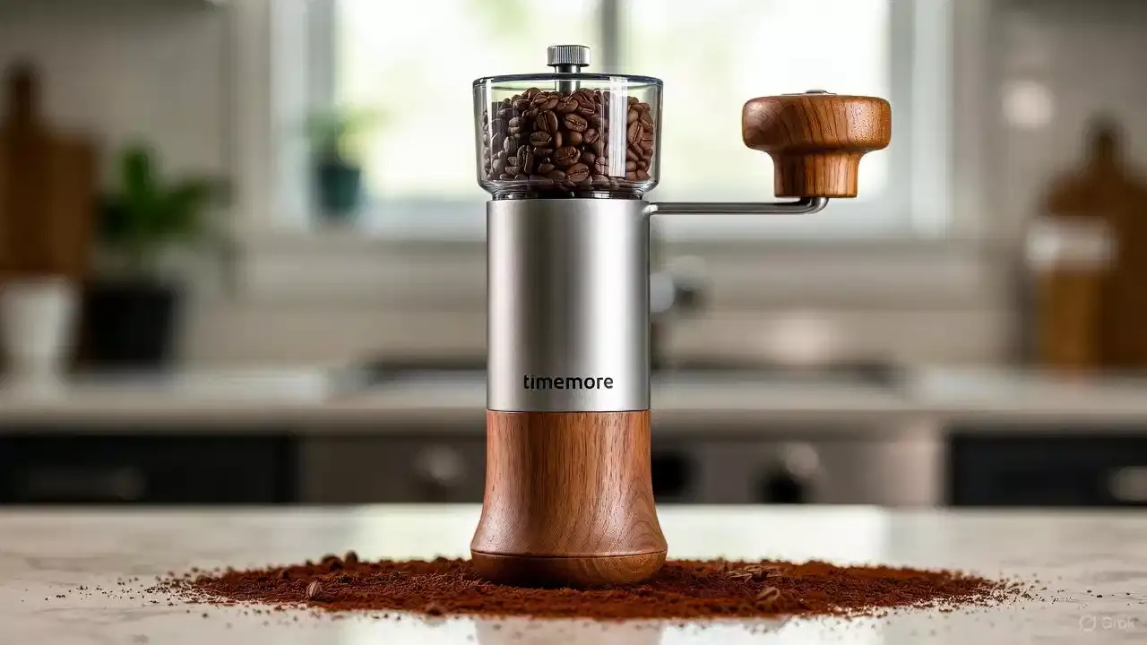 Timemore Chestnut C2 affordable manual burr grinder in use